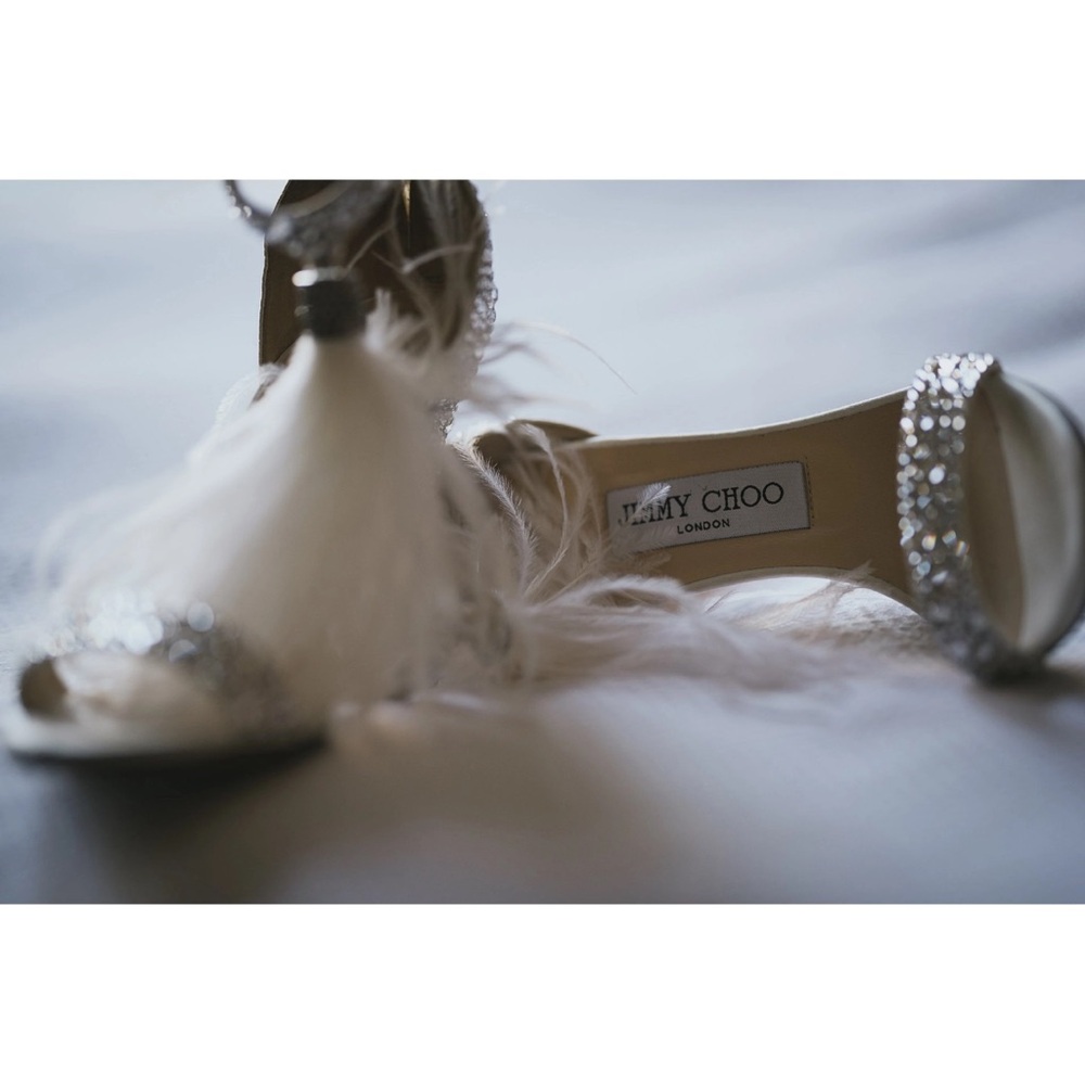 Jimmy Choo Silver and White Feather Heels